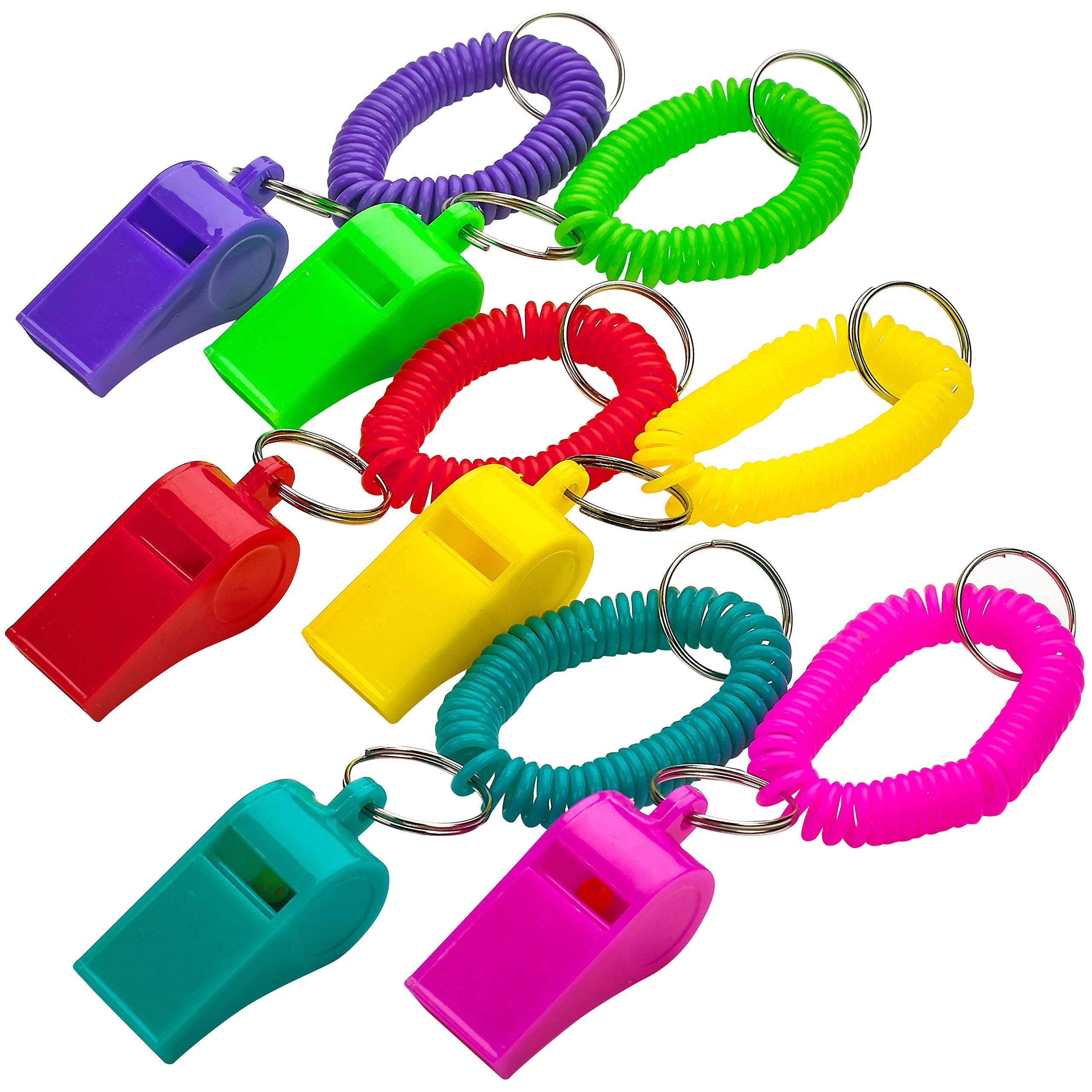 Bedwina Whistle for Kids with Bracelet - (Pack of 24) Bulk Whistles and Stretchable Coil Wrist Keychain Bracelets in Assorted Colors for Goodie Bag Fillers and Birthday Party Favors Multicolored